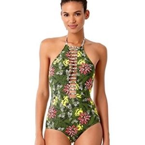 Anne Cole Green Floral High Neck One Piece Suit